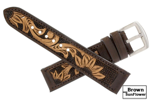 Brown Sun Flower Hand Tooled Leather Watch Strap