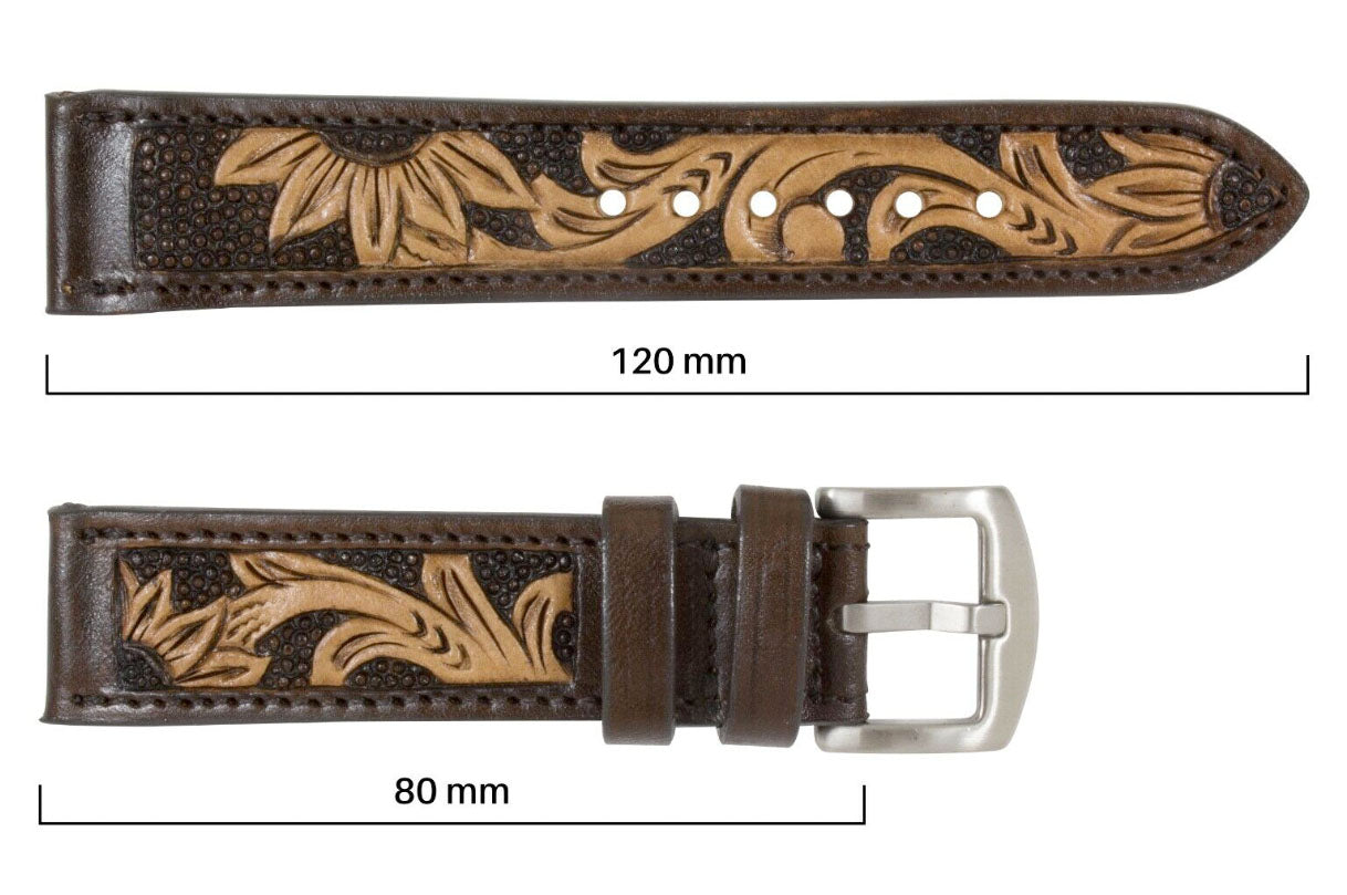 Brown Sun Flower Hand Tooled Leather Watch Strap