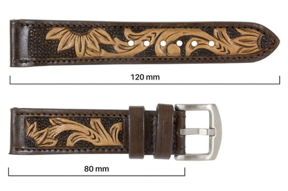 Brown Sun Flower Hand Tooled Leather Watch Strap