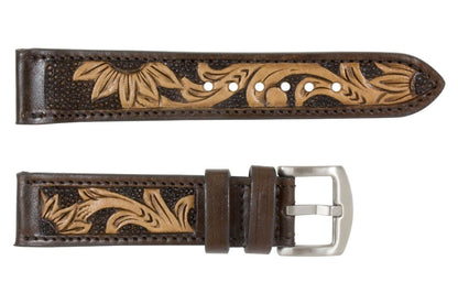 Brown Sun Flower Hand Tooled Leather Watch Strap