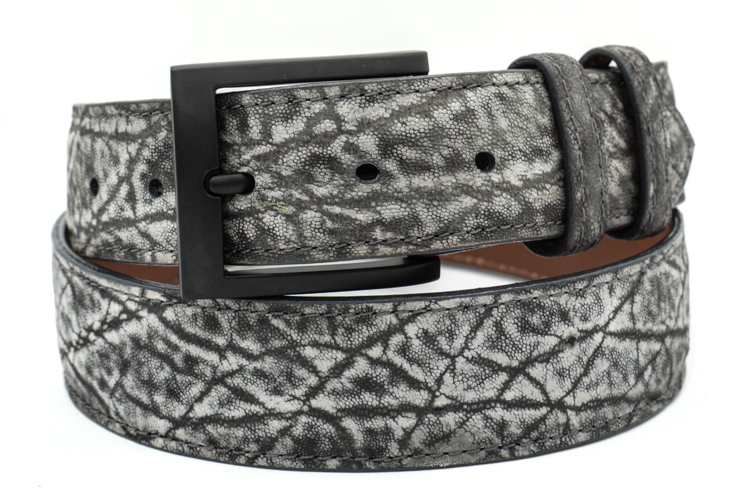 Gray Elephant leather belt with a black buckle on a white background