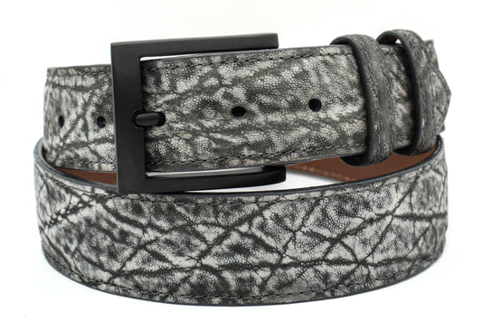 Gray Elephant leather belt with a black buckle on a white background