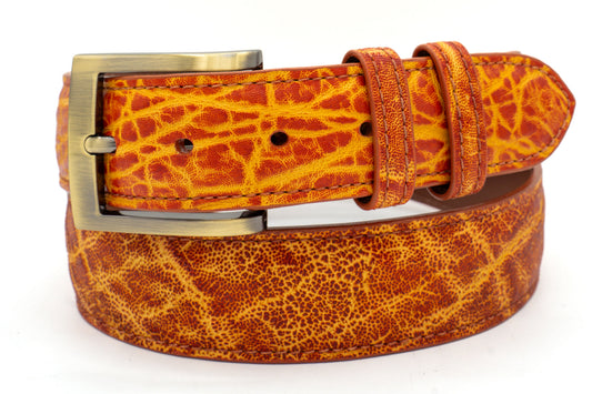 Orange Elephant leather belt with a gold buckle on a white background