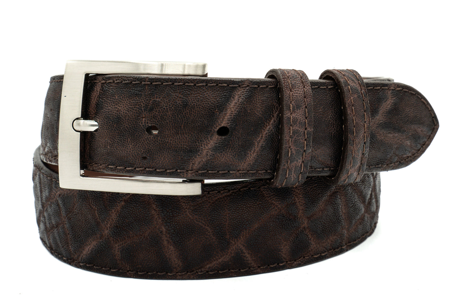 Brown Elephant leather belt with a square silver buckle on a white background