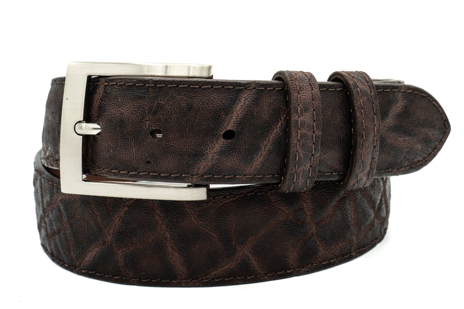 Brown Elephant leather belt with a square silver buckle on a white background