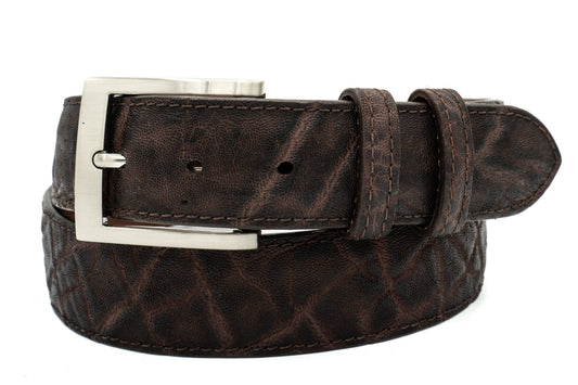 Brown Elephant leather belt with a square silver buckle on a white background