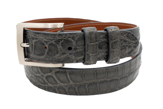 Gray alligator belt with a square silver buckle on a white background