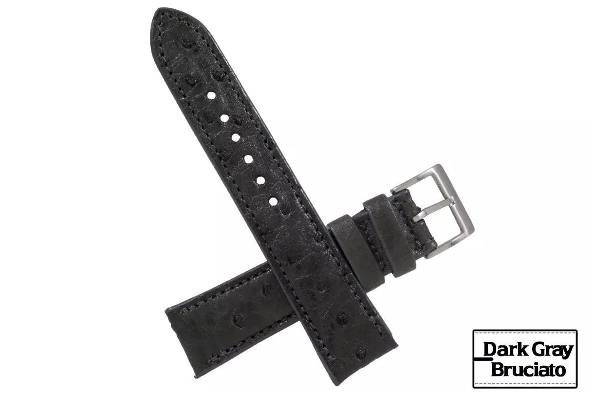 Dark Gray Bruciato Full Quill Ostrich Leather Watch Strap