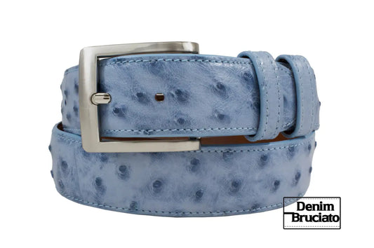 Denim Bruciato Full Quill Ostrich Leather Belt