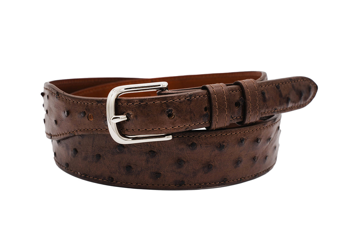 Brown Full Quill Ostrich Handmade Leather Tapered Belt