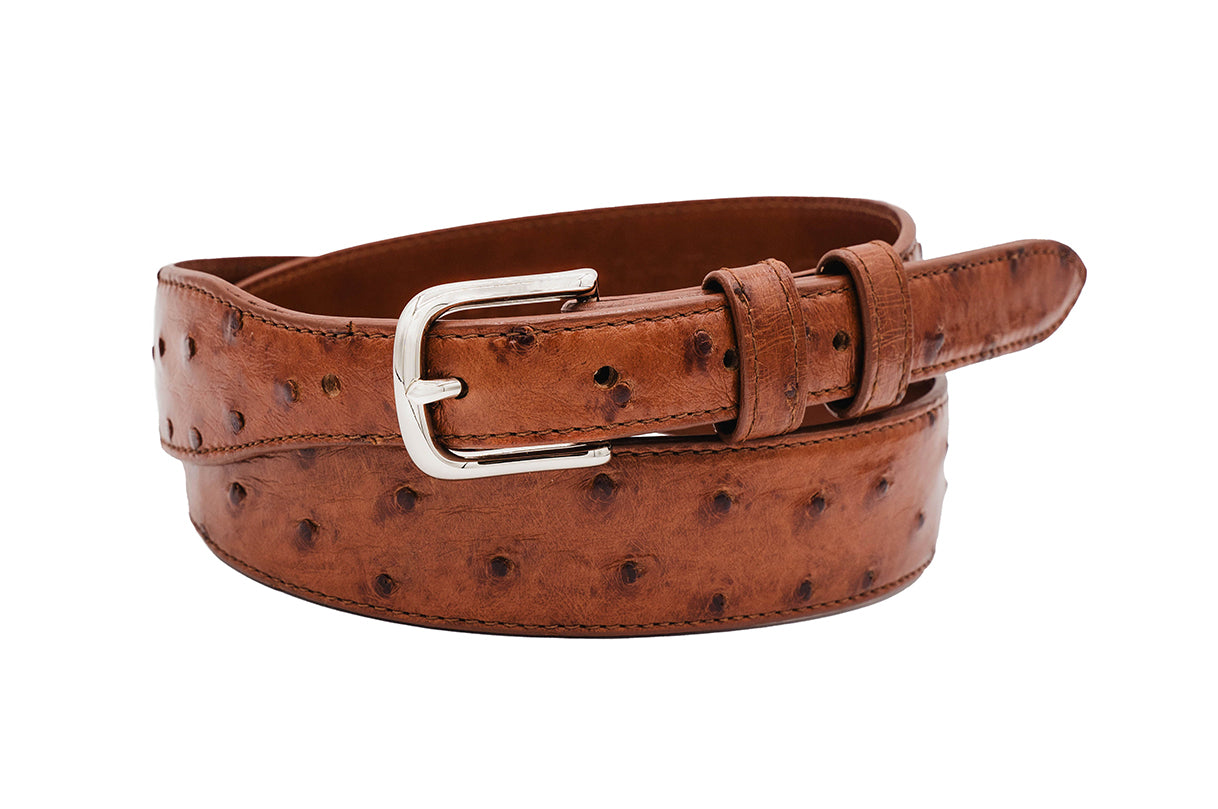 Cognac Full Quill Ostrich Handmade Leather Tapered Belt