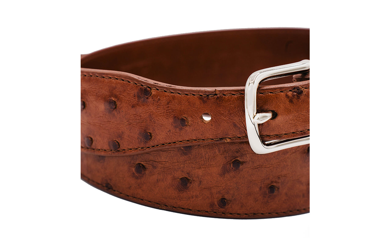 Cognac Full Quill Ostrich Handmade Leather Tapered Belt