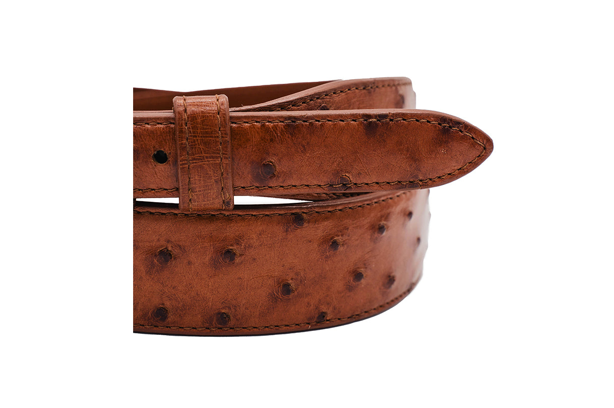 Cognac Full Quill Ostrich Handmade Leather Tapered Belt