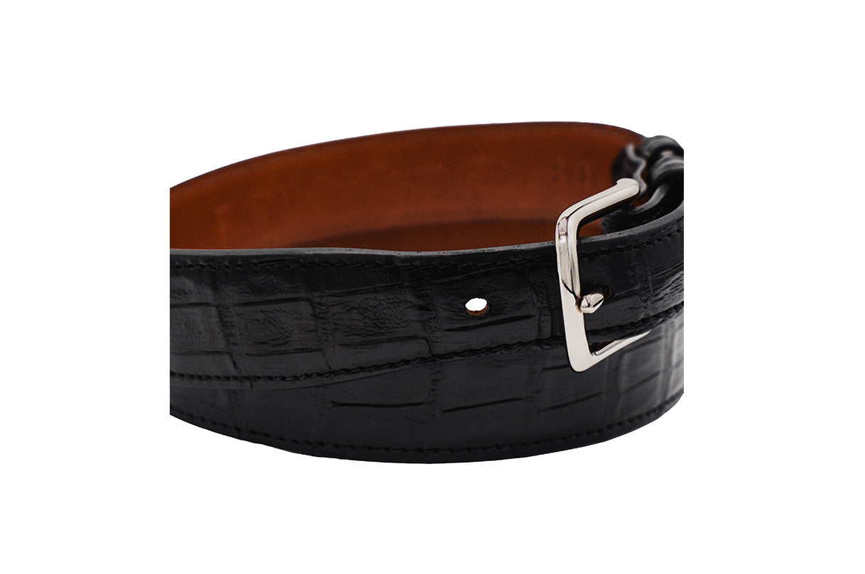 Black Alligator Leather Tapered Belt