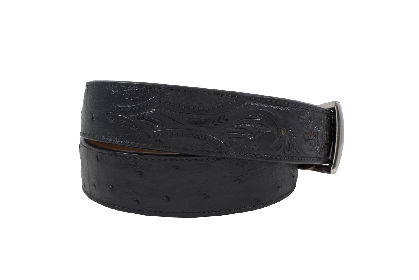 Hand Tooled Black Full Quill Ostrich Leather Belt