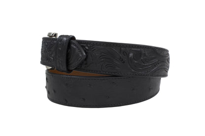 Hand Tooled Black Full Quill Ostrich Leather Belt