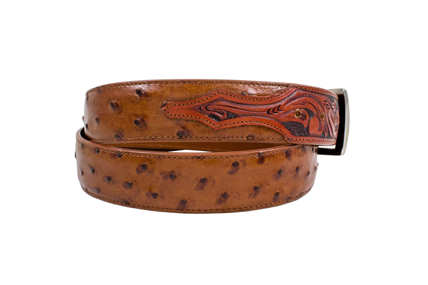 Hand Tooled Cognac Full Quill Ostrich Leather Belt