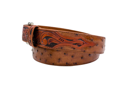 Hand Tooled Cognac Full Quill Ostrich Leather Belt