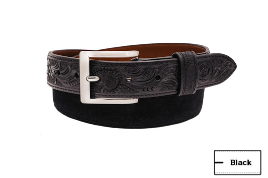 Hand tooled Black Italian Suede Leather Belt