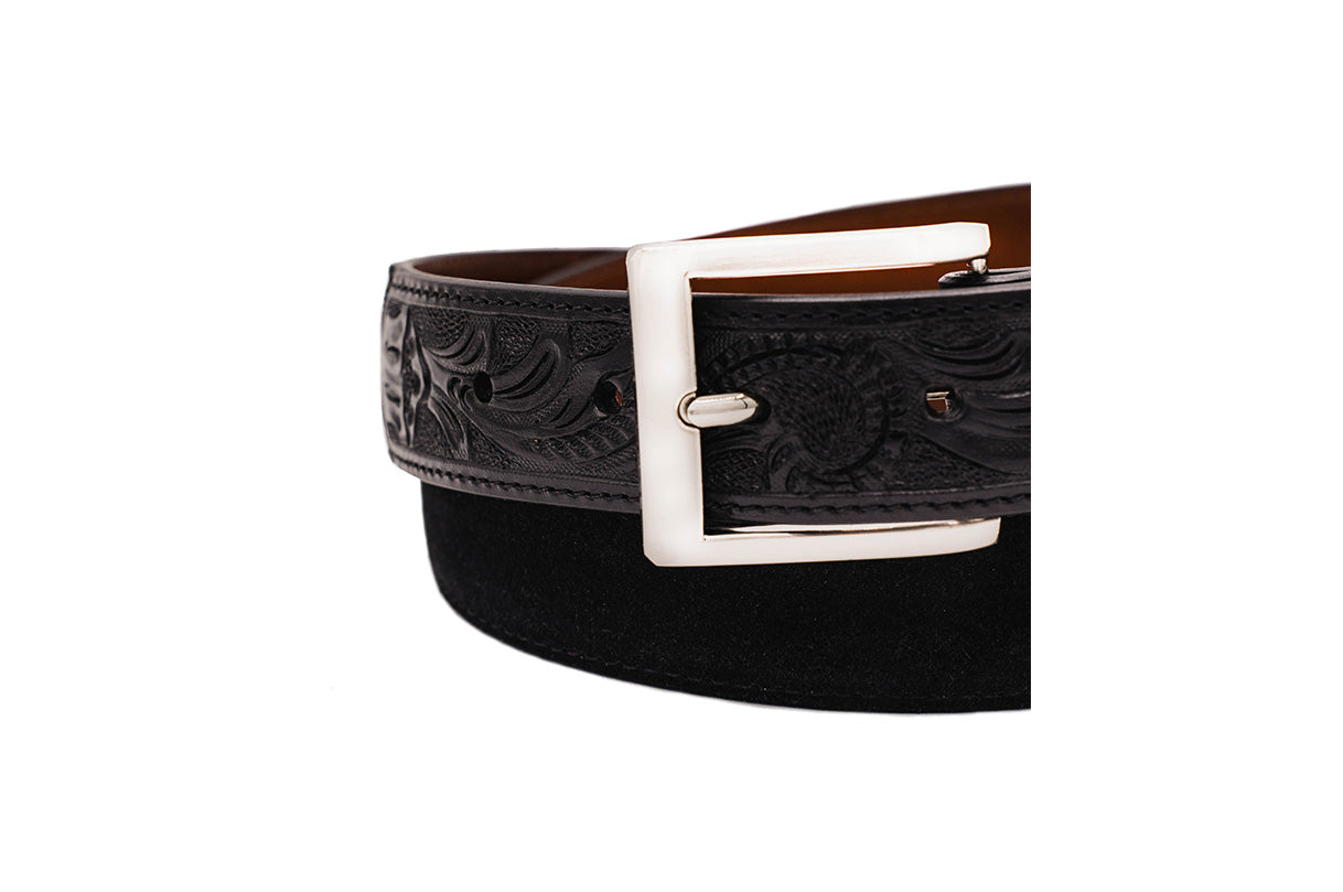 Hand tooled Black Italian Suede Leather Belt