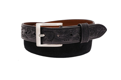 Hand tooled Black Italian Suede Leather Belt