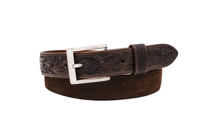 Hand tooled Brown Italian Suede Leather Belt