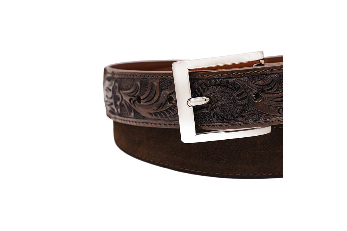 Hand tooled Brown Italian Suede Leather Belt