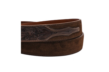 Hand tooled Brown Italian Suede Leather Belt