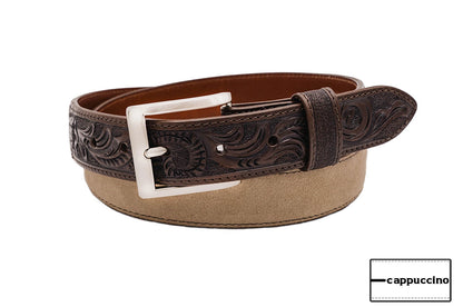 Hand tooled Cappuccino Italian Suede Leather Belt