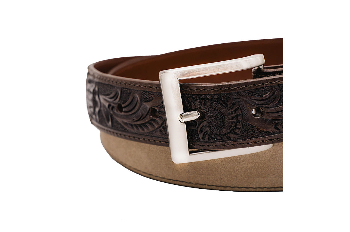 Hand tooled Cappuccino Italian Suede Leather Belt