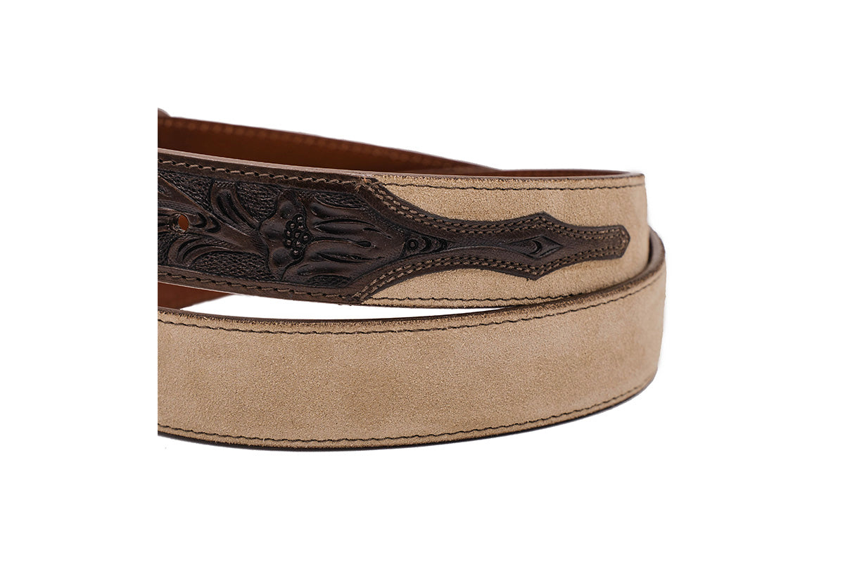 Hand tooled Cappuccino Italian Suede Leather Belt