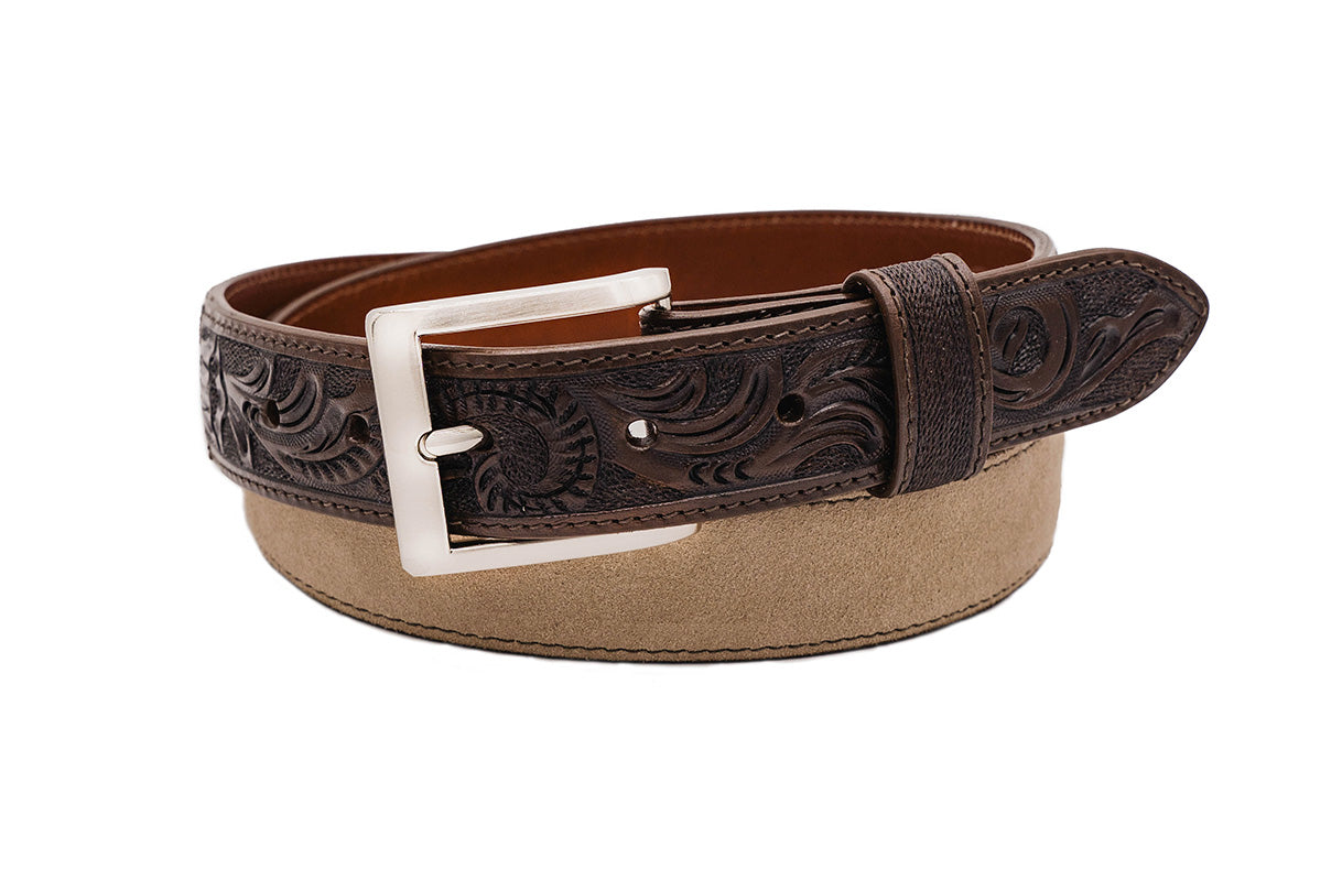 Hand tooled Cappuccino Italian Suede Leather Belt