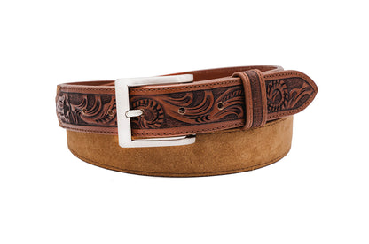 Hand Tooled Caramel Italian Suede Leather Belt