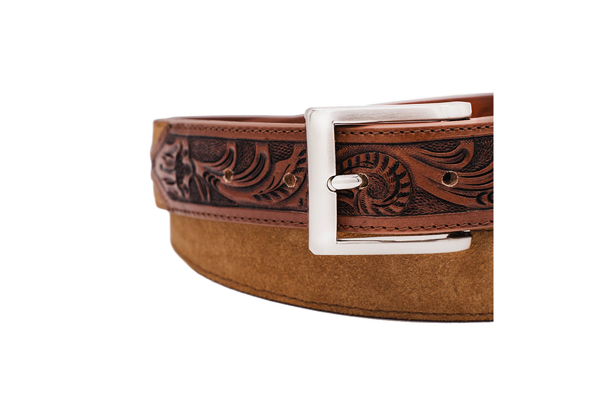 Hand Tooled Caramel Italian Suede Leather Belt