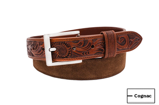 Hand Tooled Cognac Italian Suede Leather Belt