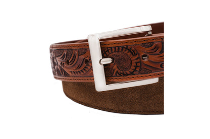 Hand Tooled Cognac Italian Suede Leather Belt