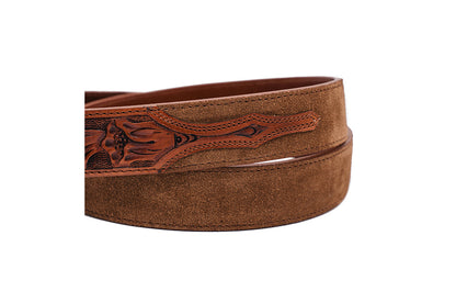 Hand Tooled Cognac Italian Suede Leather Belt