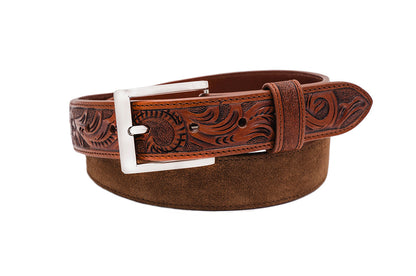 Hand Tooled Cognac Italian Suede Leather Belt