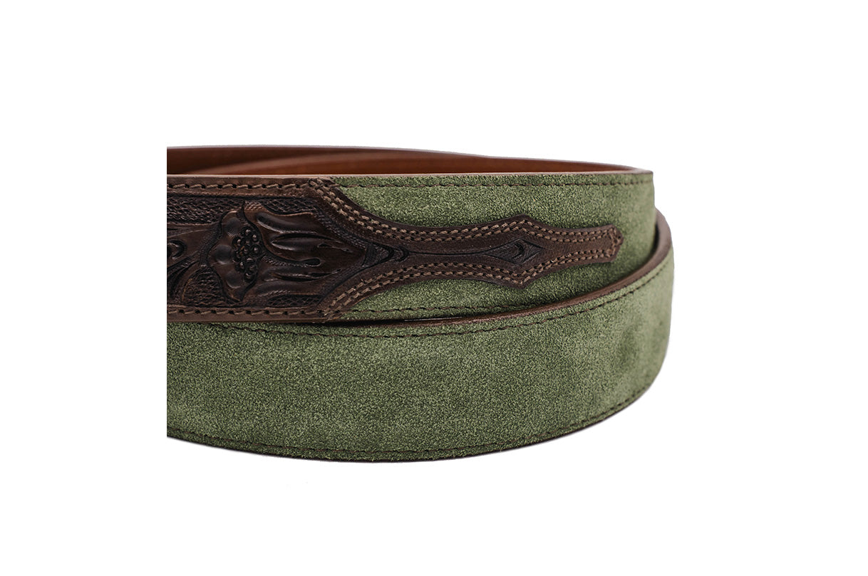 Hand Tooled Olive Green Italian Suede Leather Belt