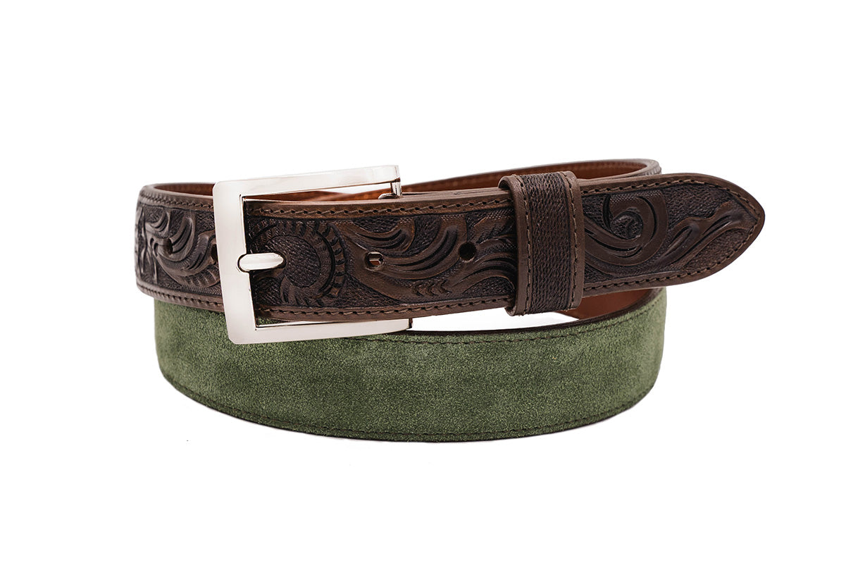 Hand Tooled Olive Green Italian Suede Leather Belt