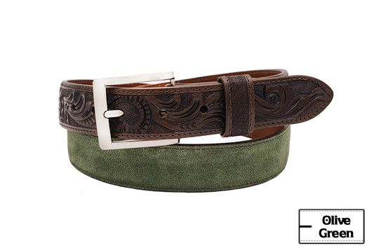 Hand Tooled Olive Green Italian Suede Leather Belt