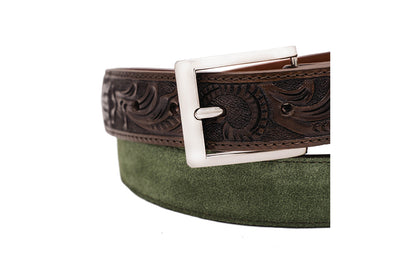 Hand Tooled Olive Green Italian Suede Leather Belt