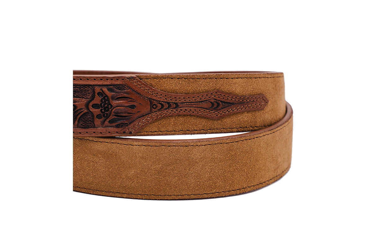 Hand Tooled Caramel Italian Suede Leather Belt