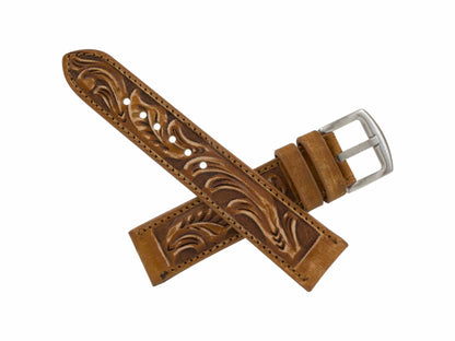 Rustic Cognac Hand Tooled  Watch Strap HT09