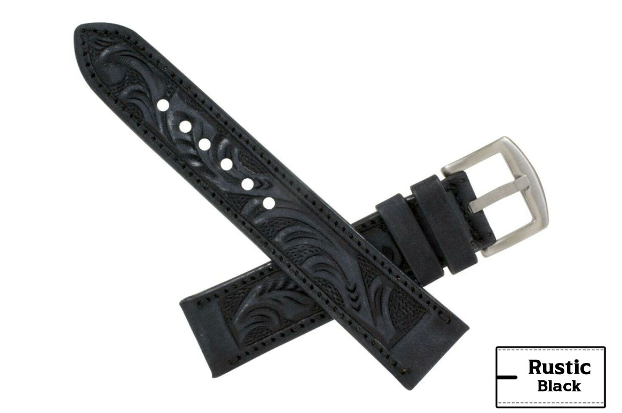 Rustic Black Hand Tooled Leather Watch Strap