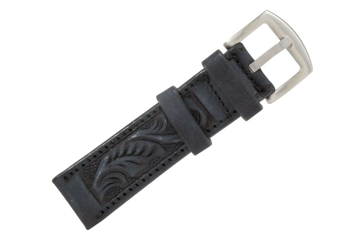 Rustic Black Hand Tooled Leather Watch Strap