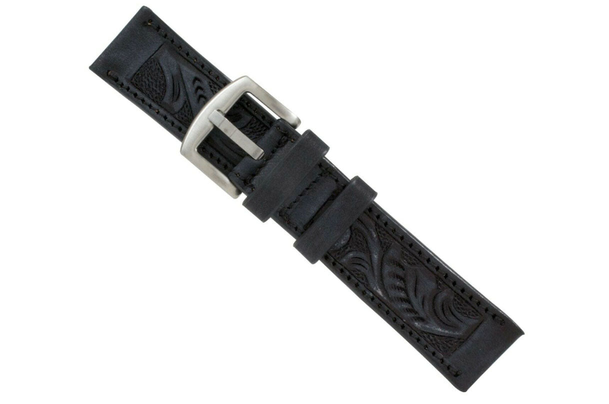 Rustic Black Hand Tooled Leather Watch Strap