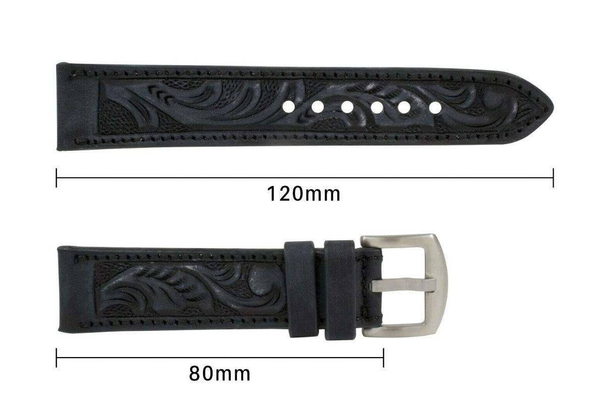 Rustic Black Hand Tooled Leather Watch Strap