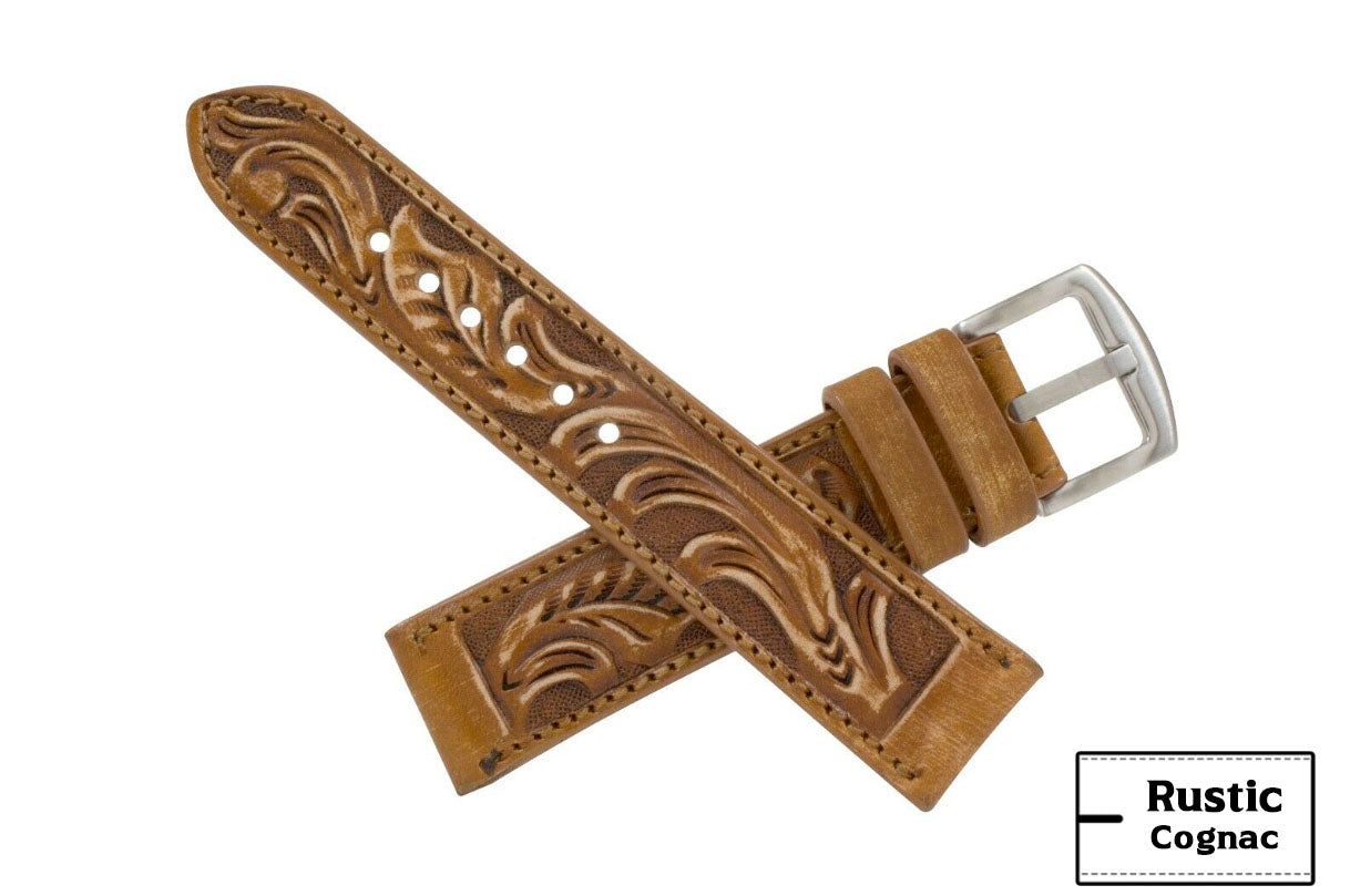 Rustic Cognac Hand Tooled Leather Watch Strap