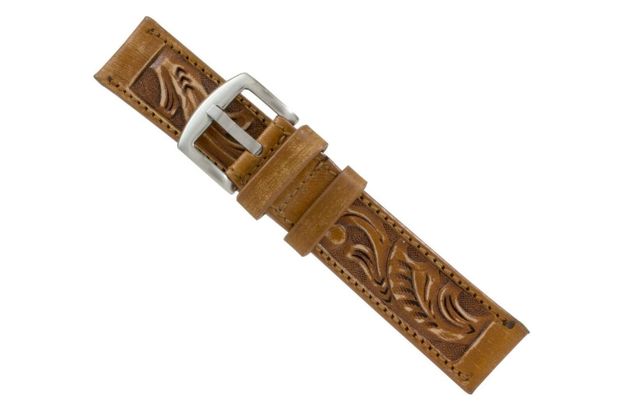 Rustic Cognac Hand Tooled Leather Watch Strap